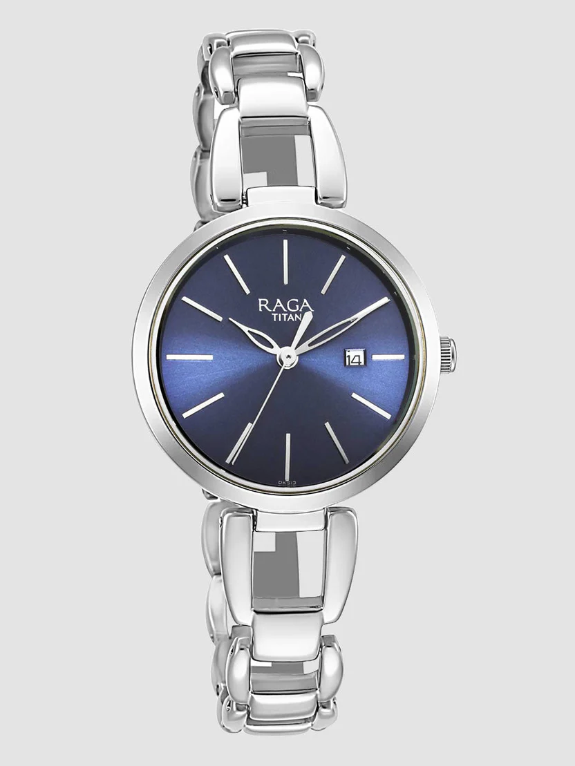 2642SM02_1 Titan Raga Viva Blue Dial Analog with Date Silver Metal Strap Watch for Women - Image 1