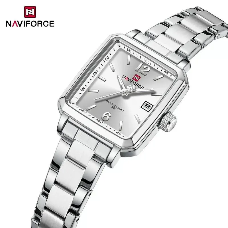 1-19 NaviForce NF9252 Business Simple Casual Date Display Square Dial Stainless Steel Watch for Women – Silver - Image 1
