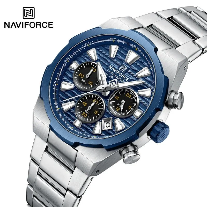 1 NaviForce NF8081 Date Function Luxury Chronograph Steel Watch For Men – Blue/Silver - Image 1