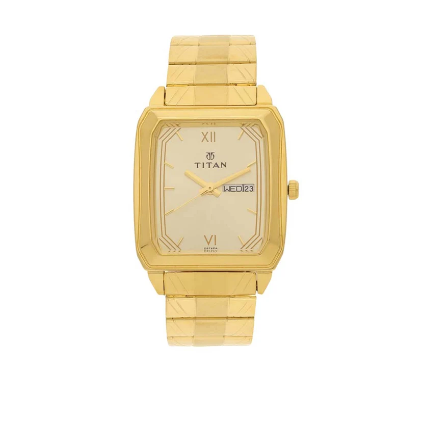 1581YM05_1 Titan Quartz Analog with Day and Date Champagne Dial Stainless Steel Strap Watch for Men - Image 1