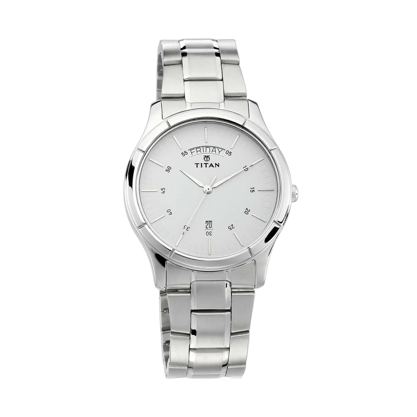 1767SM01_1 Titan Workwear White Dial Analog with Day and Date Stainless Steel Strap watch for Men - Image 1
