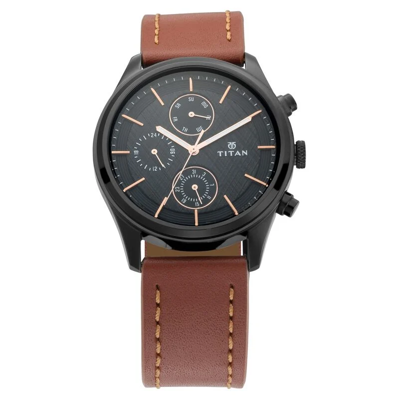1805NL01 Titan Quartz Multifunction Black Dial Leather Strap Watch for Men 1805NL01 - Image 1