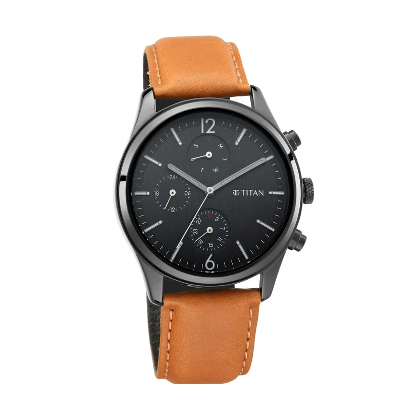 1805NL02 Titan Quartz Multifunction Black Dial Leather Strap Watch for Men - Image 1
