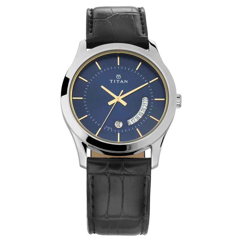 1823SL01_1 Titan Blue Dial Analog with Date Leather Strap watch for Men 1823SL01 - Image 1