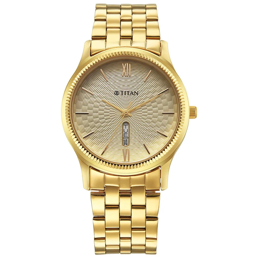 1824YM04_1_cfbb7485-8212-4d4e-8427-4c10f5d85017 Titan Karishma Golden Dial Stainless Steel Strap Analog Watch For Men - Image 1