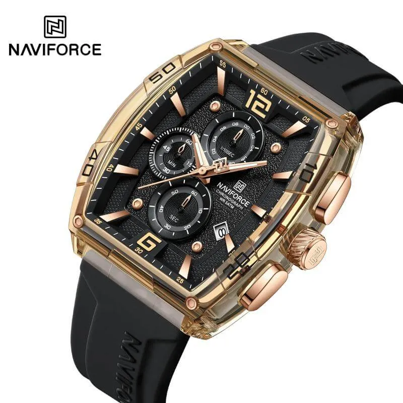 5-3 NaviForce NF6101 Men’s Fashion Barrel Dial Shape Transparent Multifunction Silicon Strap Watch – Black/Brown - Image 1