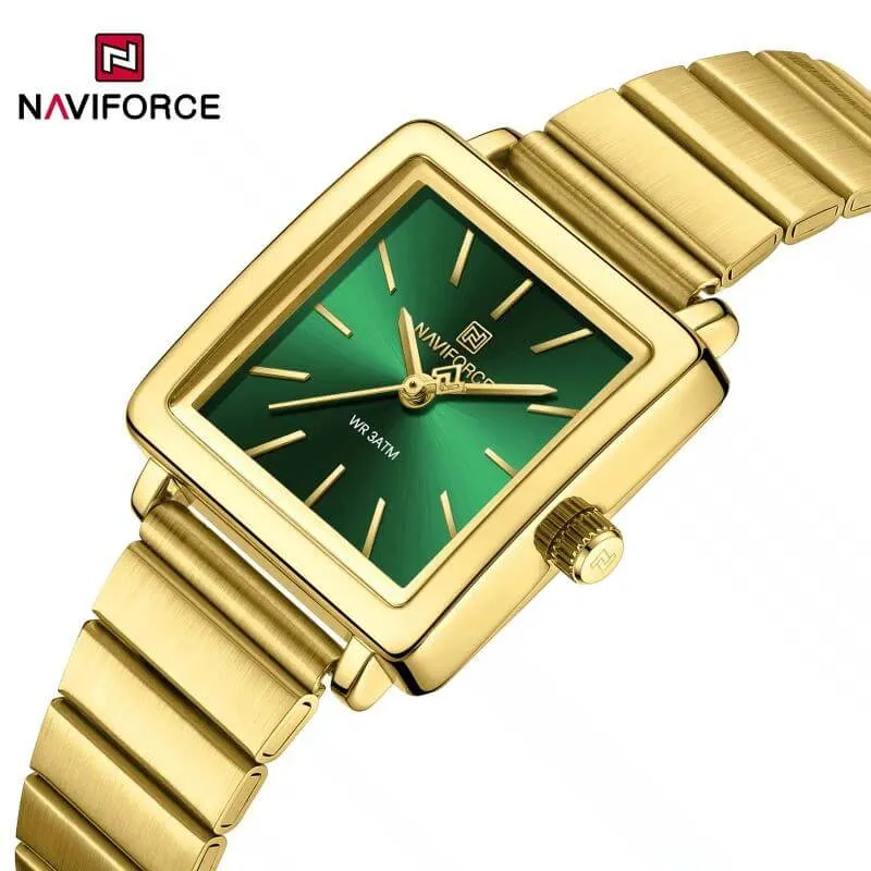 5 NaviForce NF5048 Fashion Square Shape Dial Classic Stainless Steel Bracelet Watch For Women – Green/Golden - Image 1