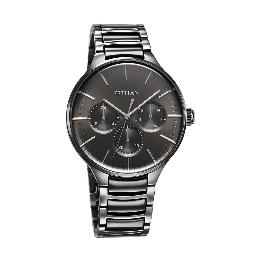 90148KD06_1 Titan Ceramic Fusion Multifunction Black Round Dial Two Toned Stainless Steel Strap Watch For Men - Image 1