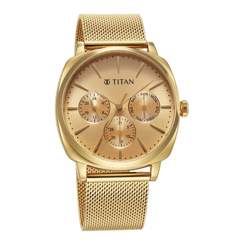 90189YM02_1_06bca228-6425-4af8-995a-5d332bde2660 Titan Classique Suave Quartz Yellow Dial Golden Stainless Steel Mesh Strap Watch for Men - Image 1