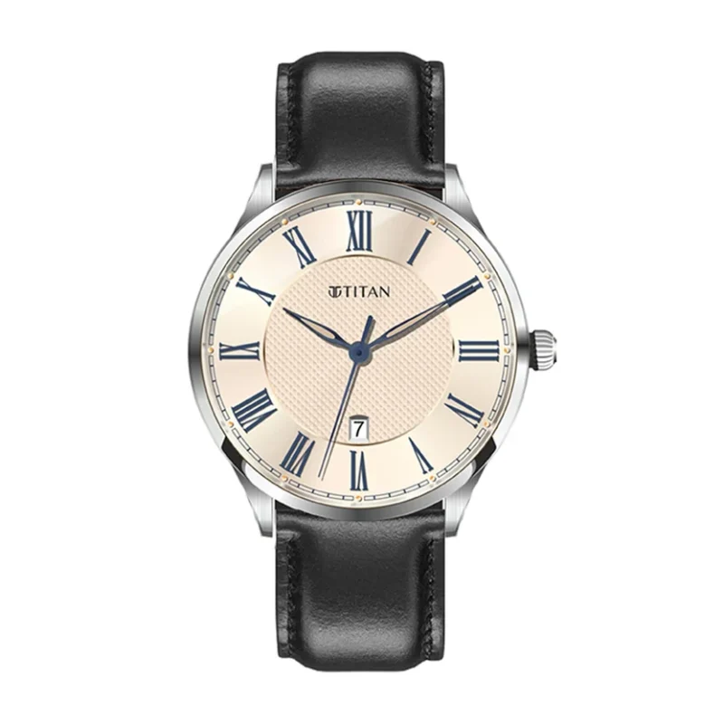 Titan Workwear beige dial watch with black stainless steel strap